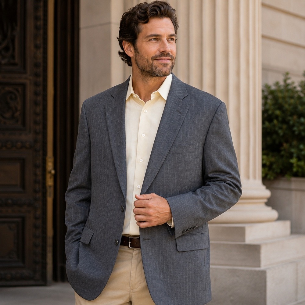 Brooks Brothers Brooksease Gray Pinstripe Sport Coat Blazer Sz 45L Two‎ Button